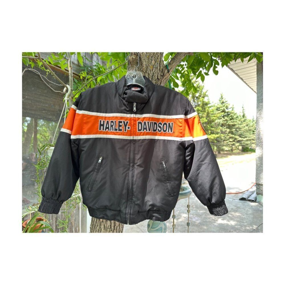 Harley Davidson Bomber Jacket Logo Moto Quilted Black Orange Zip Racing Sz 8/10